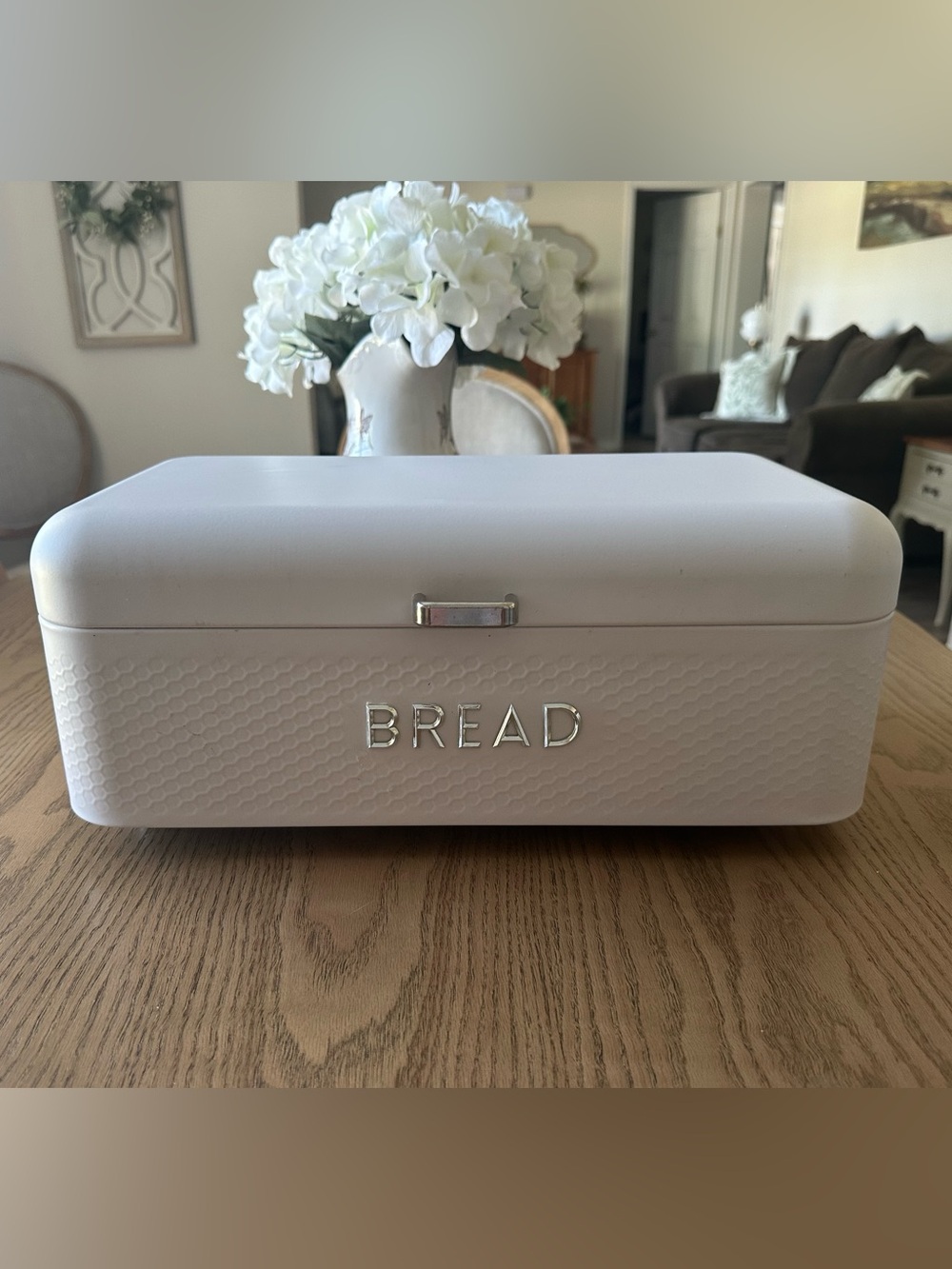 White Metal Bread Box with Silver Lettering